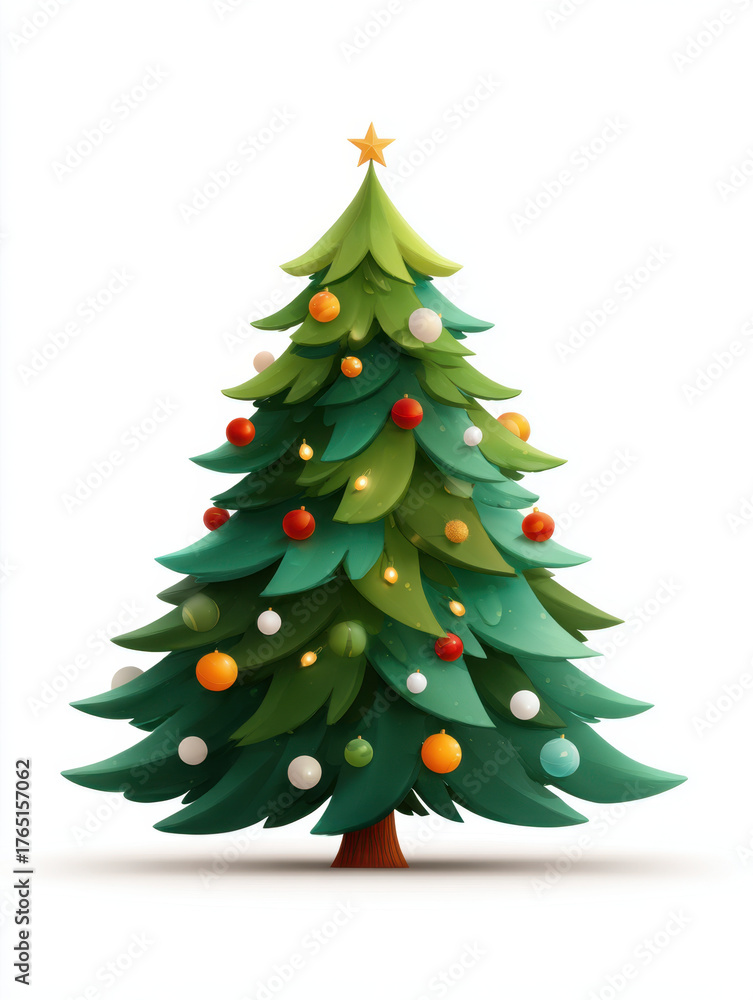 Fototapeta premium Festive green Christmas tree decorated with colorful bauble ornament and star on white background evoking joyful holiday celebration
