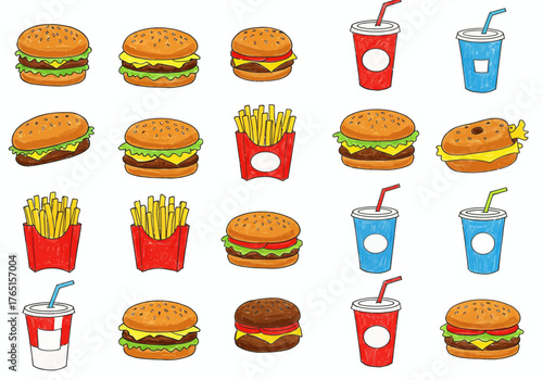 Delicious Fast Food Collection Burgers, Fries, and Drinks Illustration