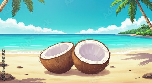 Wallpaper Mural Tropical Coconut Dream: Two halves of a coconut lie on a sandy beach under a clear, sun-drenched sky, palm trees swaying gently, conjuring the essence of a tropical paradise. Torontodigital.ca