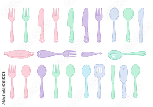 Pastel Kitchen Utensils Arrayed on White Background