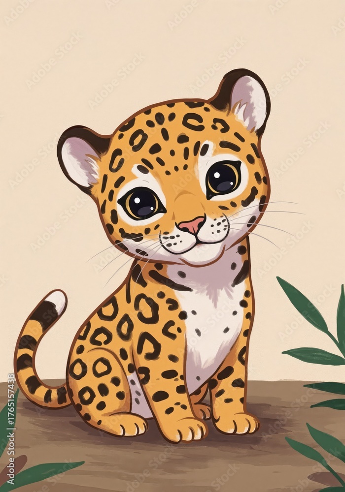 Fototapeta premium Playful Cub's Portrait: An adorable cub with a vibrant spotted coat and engaging gaze is captured in a heartwarming portrait, embodying innocence.