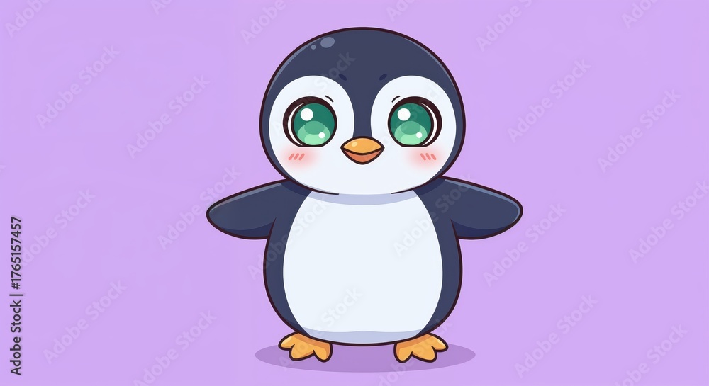 Obraz premium Cute Penguin Portrait: A charming cartoon penguin, with adorable eyes, stands facing the viewer with endearing simplicity, exuding charm.