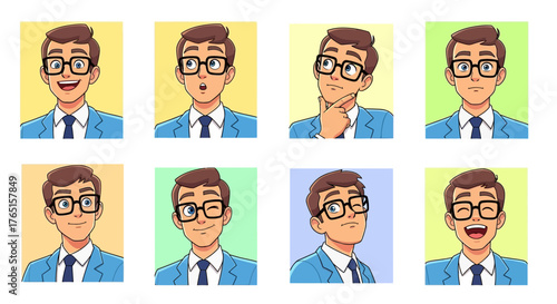 Variety of cartoon businessman with different expressions and square glasses