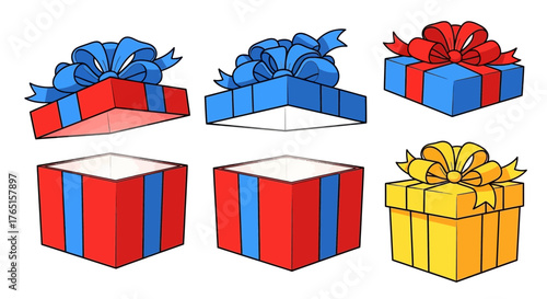 Colorful Cartoon Gift Boxes with Bows and Ribbons for Celebrations and Occasions