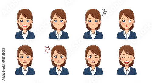 Illustrations depicting diverse emotional expressions of a woman in formal business attire