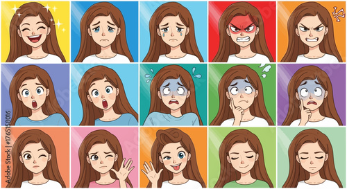 Diverse emotions expressed by a cartoon girl in a grid-like arrangement illustration