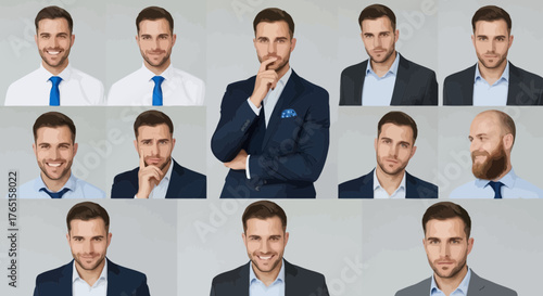 Handsome businessman poses with different facial expressions and attire options