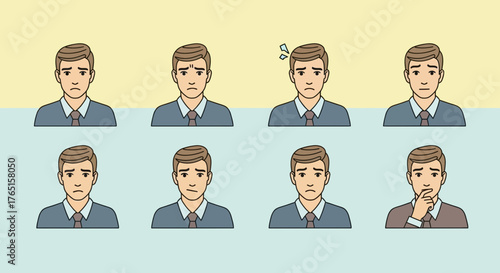 Illustrations portraying different emotional states of a businessman in various scenarios