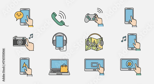 Collection of various electronic device icons, including communication and entertainment