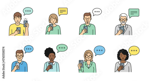 Diverse group of people using smartphones for communication with speech bubbles