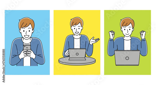 Illustrations showcasing a man engaged in various digital activities and emotions
