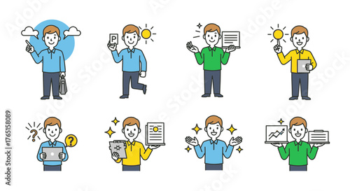 Cheerful businessman character set demonstrating various actions and positive emotions