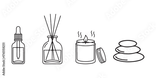Aromatherapy and wellness symbols. Trendy minimal icons for aromatherapy and wellness. Icon of a Reed Diffuser and Scented Candle. Design elements for web pages, mobile apps, and packaging. Vector 