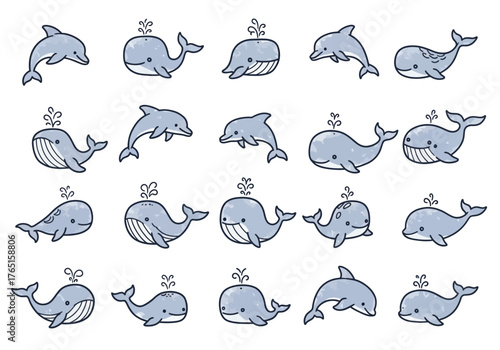 Whimsical Underwater World A Collection of Cartoon Whales and Dolphins