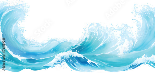 Abstract blue water wave splash isolated on white backdrop with clean bubbles and flowing liquid motion