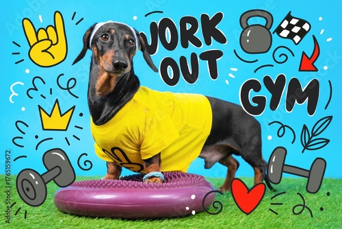 A playful dachshund wearing a yellow shirt and headband poses on a fitness mat, surrounded by gym-themed doodles like weights and kettlebells on a bright background.