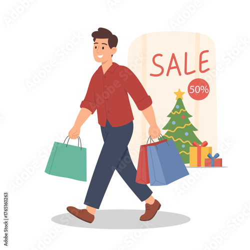young man carrying many bags, urban shopper confidently displaying his collection of holiday gifts
