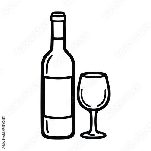 Elegant Wine Bottle and Glass Illustration in Black and White.