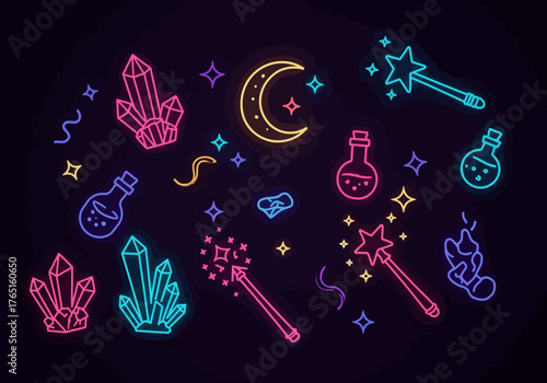 Neon Magic Crystals, Potions, Wands, and Celestial Elements on Dark Background