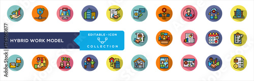 Hybrid Work System  Icon Collection. project workflow, customer support, team collaboration, office building, home workspace