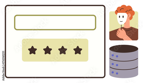 Feedback form with star ratings, user holding a mask signifying anonymity, and stacked databases. Ideal for reviews, data security, anonymity, online feedback, user experience privacy trust. Simple