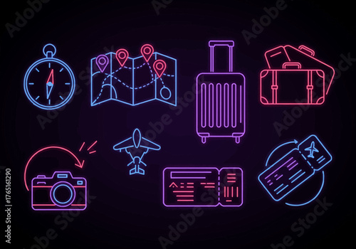 Travel and Tourism Icons Neon Outline Vector Graphics for Destination Planning