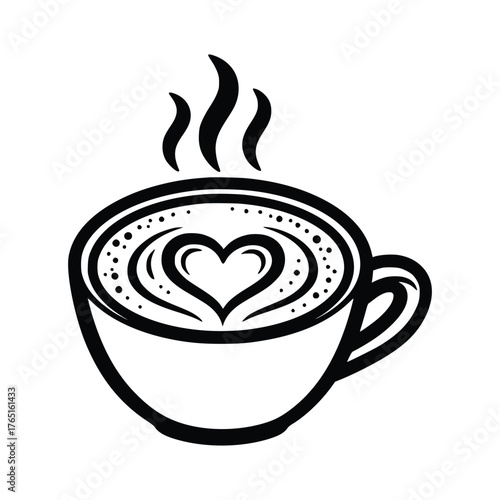 Stylized Coffee Cup with HeartShaped Latte Art and Steam.