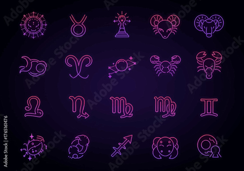 Mystical Zodiac Sign Collection in Neon Purple on Dark Background