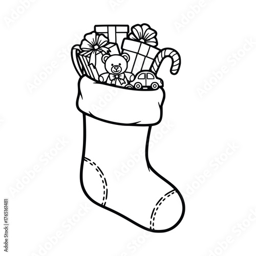 Christmas Stocking Filled with Gifts and Toys Illustration.