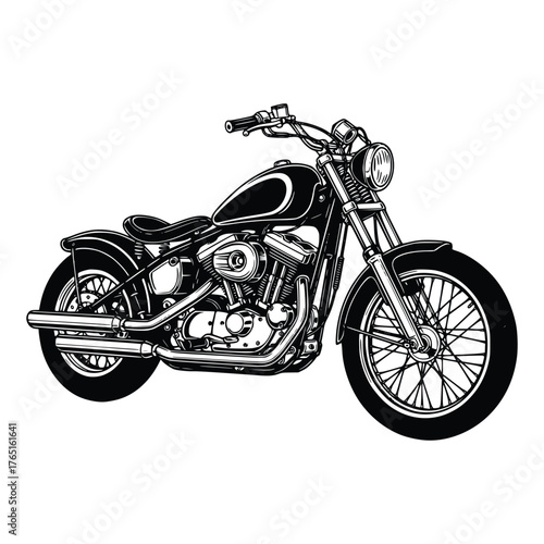 Detailed Illustration of a Classic Black and White Motorcycle.