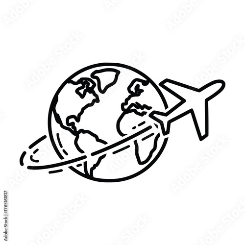 Airplane flying around the world travel and tourism concept.