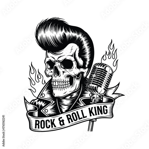 Rock and Roll King Skull with Microphone and Flames Illustration.