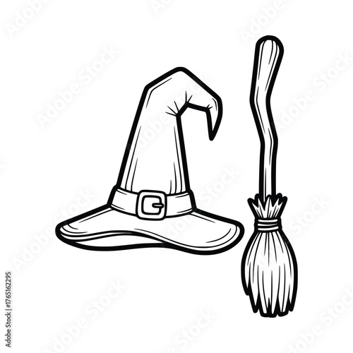 Witch Hat and Broomstick Illustration for Halloween.