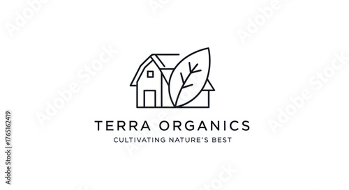 Minimalist Line Art Logo for Terra Organics with House and Leaf.