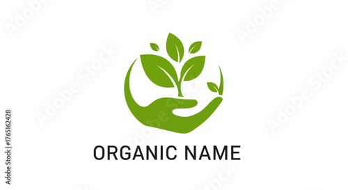 Organic hand holding plant logo representing nature and growth for business.