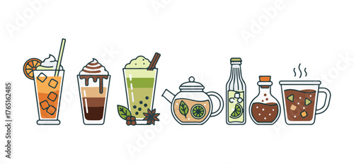 meals served as drinks, smoothie and shake icons collection in vector format.
juice frappe, latte, mocha espresso, matcha chai, infusion, tonic, elixir, and broth meals presented as drinks with smooth
