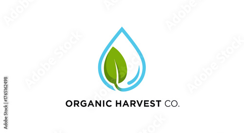 Organic Harvest Company Logo Depicting Water Drop and Leaf.