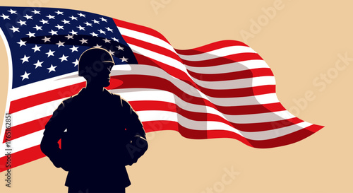 Veterans Day Flat Poster with Soldier Silhouette and USA Flag Background