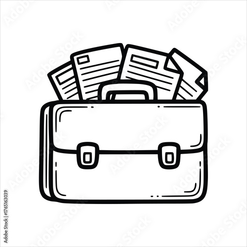 Art Illustration Black line doodle briefcase holds various papers and documents symbolizing busy professional work.