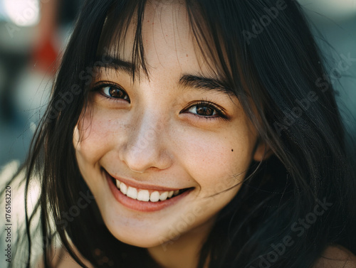Close-up portrait of a smiling young woman outdoors