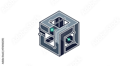 Isometric Tech Cube with Glowing Accents and Circuit Details.