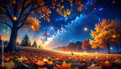 夜の森の中のカラフルな紅葉