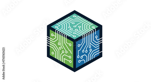 Abstract cube with circuit board pattern and glowing lines.