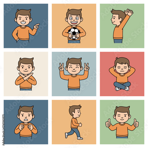 Set of Cartoon Boy Character Poses and Emotions for Sport and Fitness