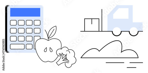 Calculator, apple, broccoli, delivery truck, and cloud landscape symbolizing logistics, sustainability, e-commerce, healthy food choices supply chain cost calculation and efficiency. A simple flat