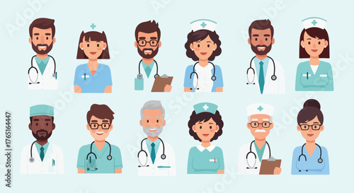 A diverse group of medical professionals in cartoon style, including doctors and nurses, wearing stethoscopes and medical attire.
