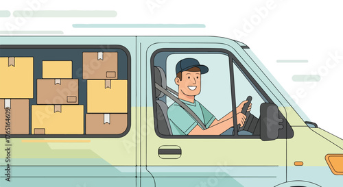 Delivery van with driver and boxes, illustration of transportation and logistics.