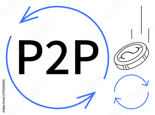 P2P text in bold with circular arrows symbolizing flow and exchange, accompanied by a coin in motion. Ideal for finance, digital payment, blockchain, cryptocurrency, economy, transaction, simple flat