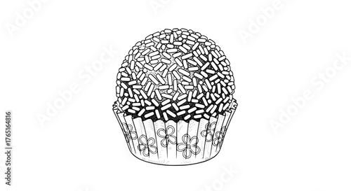 Vector illustration of brigadeiro, detailed line art, minimal black and white style, traditional Brazilian dessert, isolated on white background