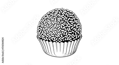 Vector illustration of brigadeiro, detailed line art, minimal black and white style, traditional Brazilian dessert, isolated on white background